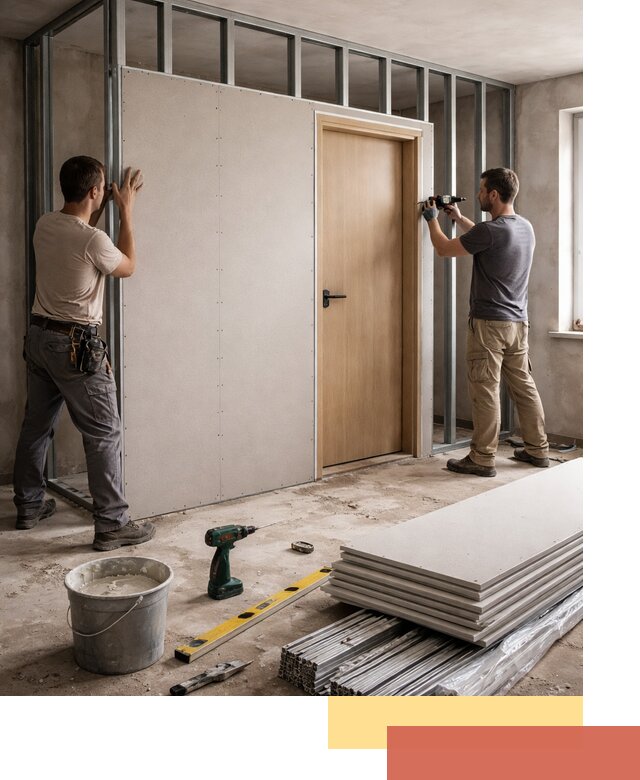 Перегородка из гипсокартона с дверью под ключ в Карасук