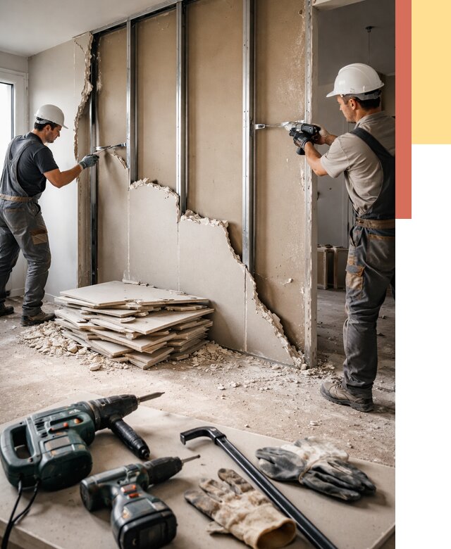 Демонтаж перегородки из гипсокартона в Карасук от 1219 руб. быстро и недорого | ОТДЕЛОЧНИК-Кск