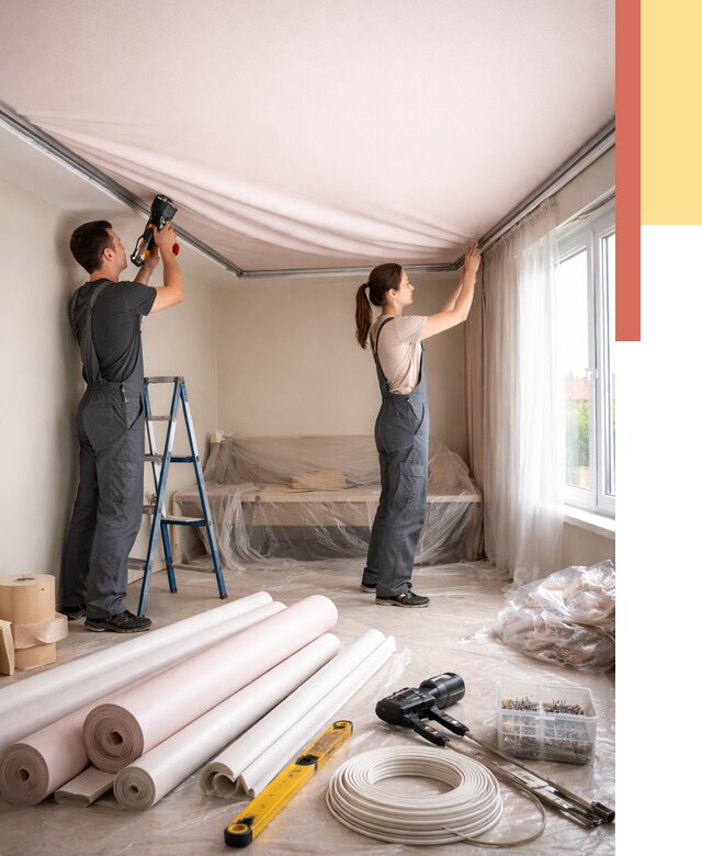 Монтаж цветного натяжного потолка в Карасук от 4266 руб/м² — быстро и недорого | ОТДЕЛОЧНИК-Кск