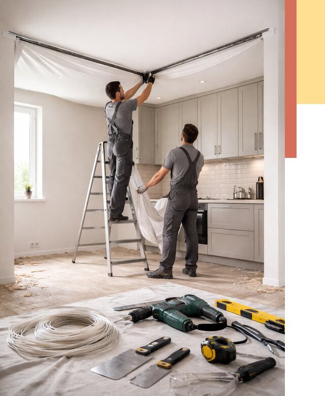 Установка натяжного потолка на кухне в Карасук от 2438 руб. | ОТДЕЛОЧНИК-Кск