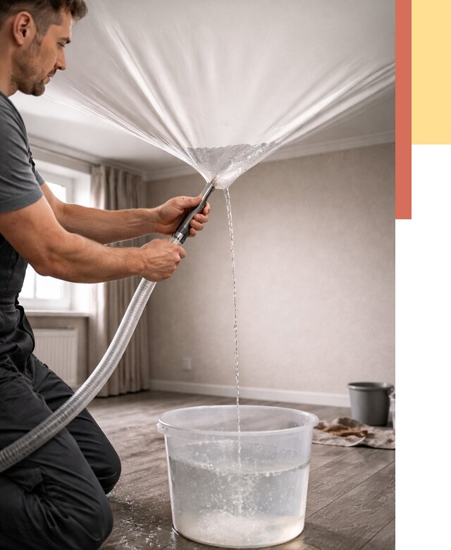 Слив воды с натяжного потолка в Карасук от 2539 руб. быстро и недорого | ОТДЕЛОЧНИК-Кск